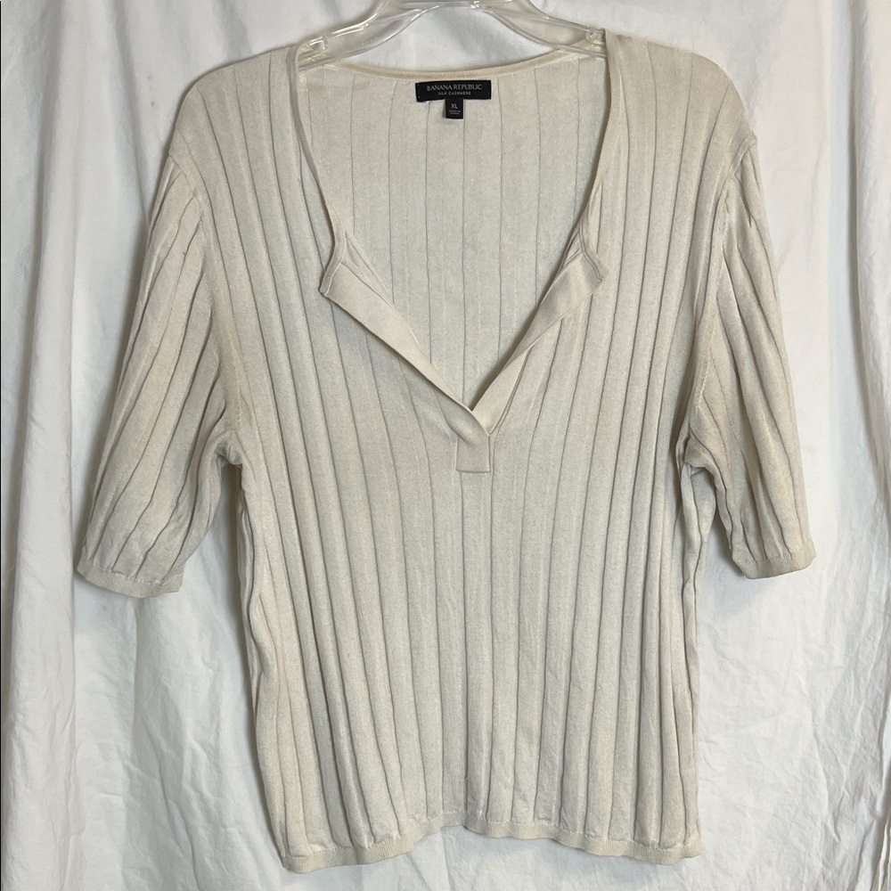 Banana Republic Silk Cashmere Ribbed Ivory Short Sleeve Sweater Size XL